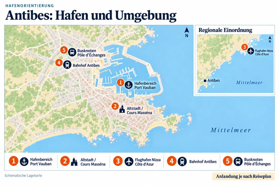 KI-generierte Illustration: Schematische Karte von Antibes mit Port Vauban, Altstadt und Mittelmeer.