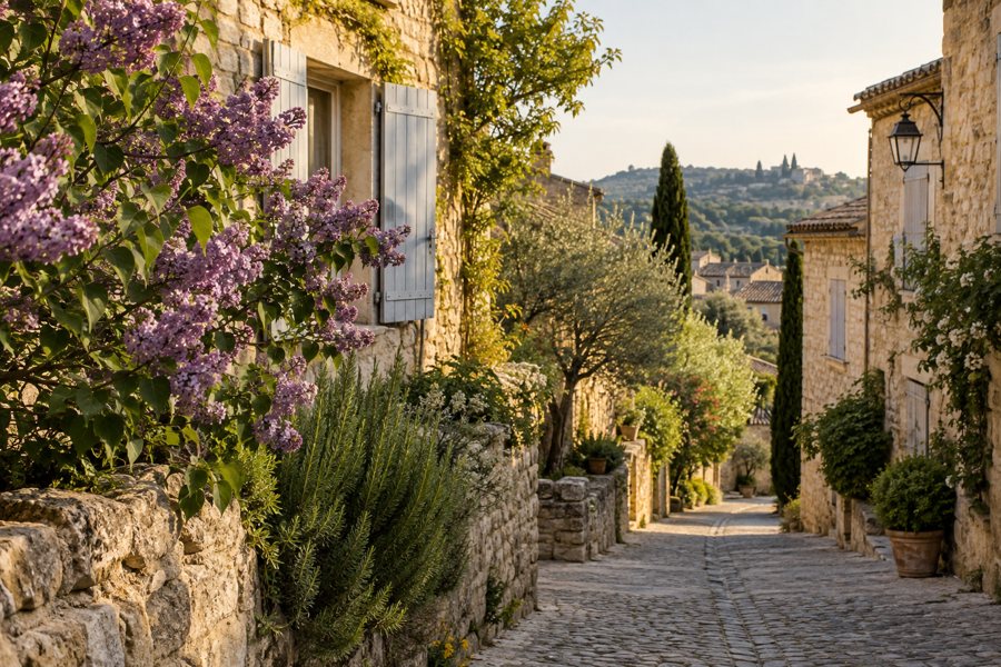 KI-generierte Illustration einer blühenden Gasse in einem provenzalischen Dorf mit Natursteinhäusern und Hügelblick.