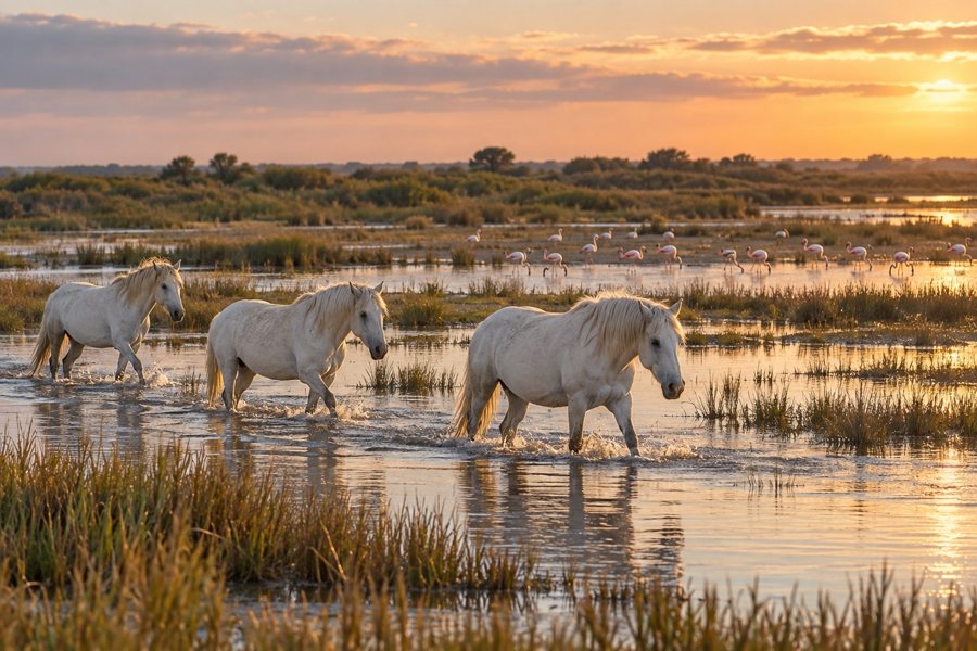 KI-generierte Illustration: Weiße Camargue-Pferde waten durch ein Feuchtgebiet, Flamingos im Abendlicht.