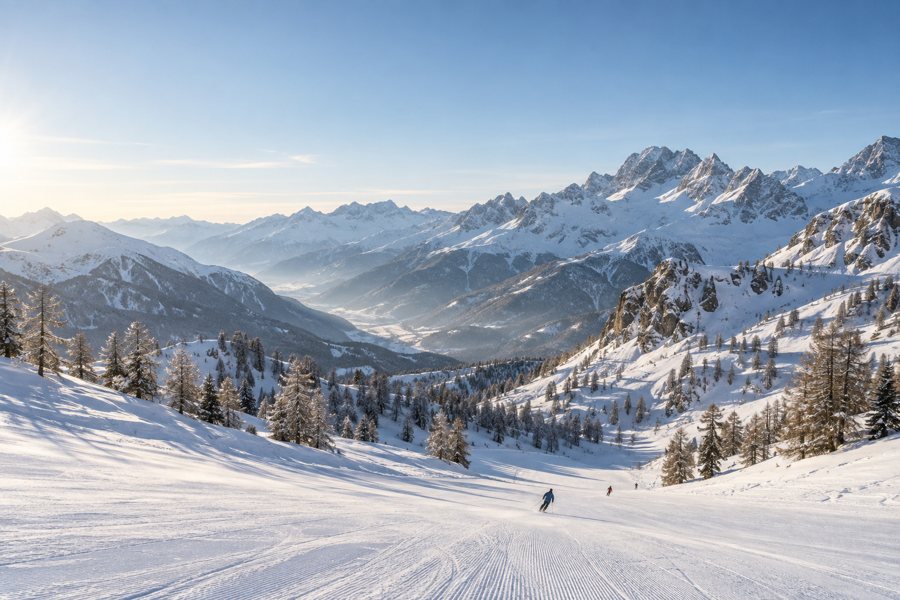 KI-generierte Illustration: Skifahrer auf einer verschneiten Piste vor einem weiten Alpenpanorama.