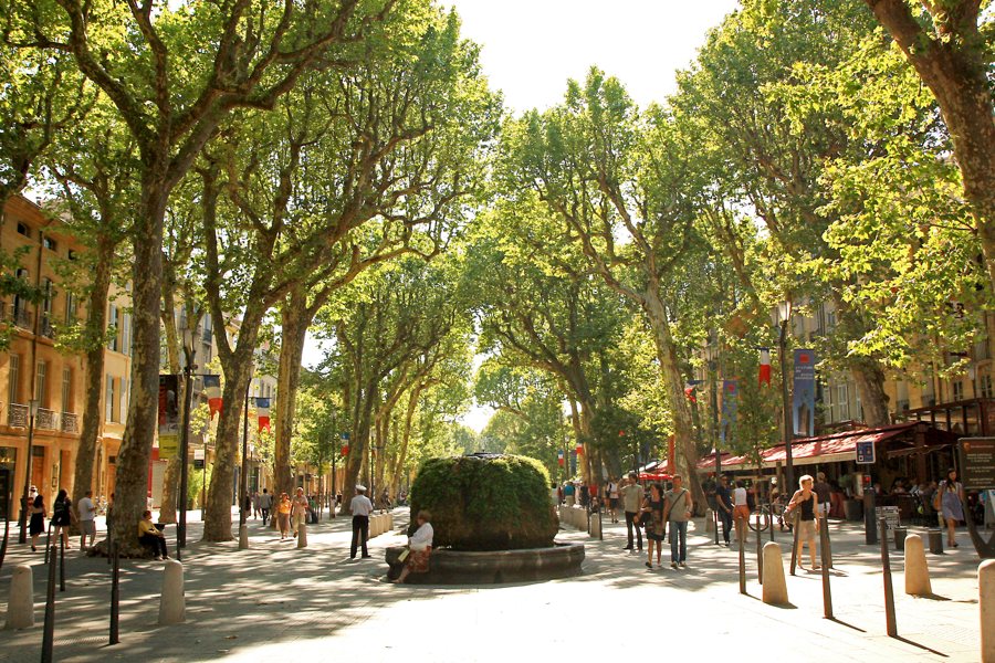 Platanen und historische Fassaden am Cours Mirabeau in Aix-en-Provence.