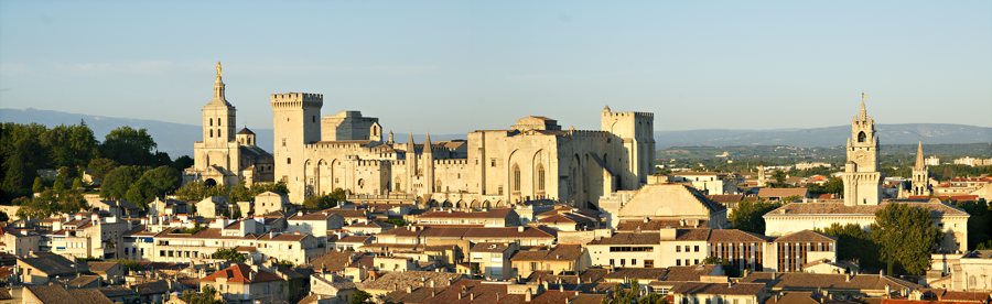 Panorama von Avignon mit Papstpalast und Uhrturm des Rathauses vor dem Umland.